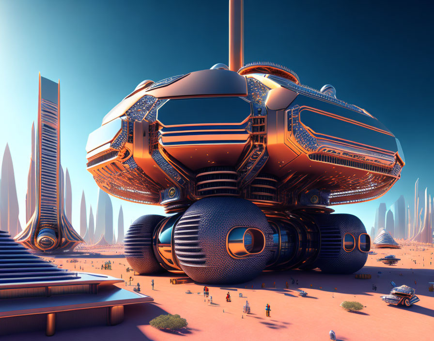 Futuristic cityscape with sleek towers, floating orb, people, and vehicles