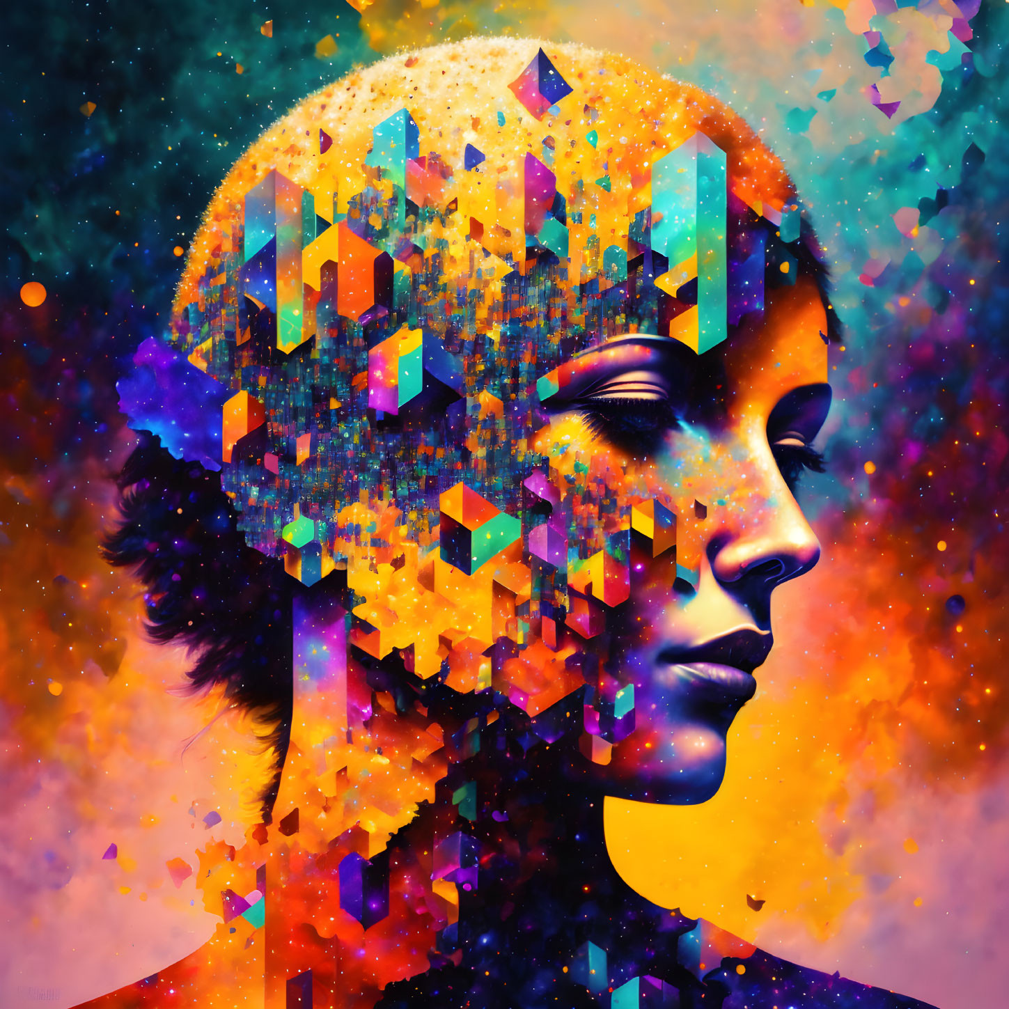 Colorful profile digital art with cosmic background and geometric fragmentation.