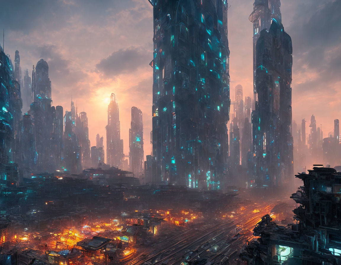 Futuristic cityscape at dusk with neon-lit skyscrapers