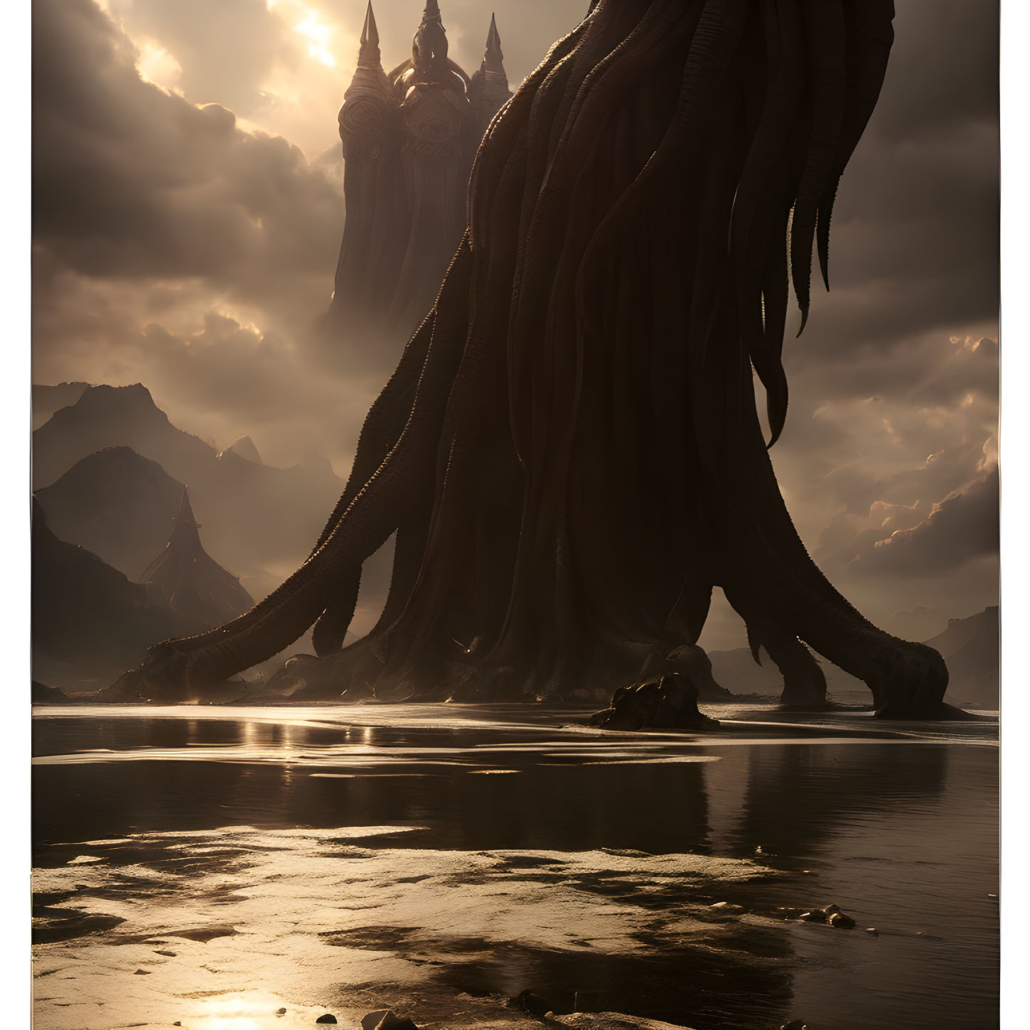 Gigantic Dragon Silhouetted by Mountain Lake at Sunset