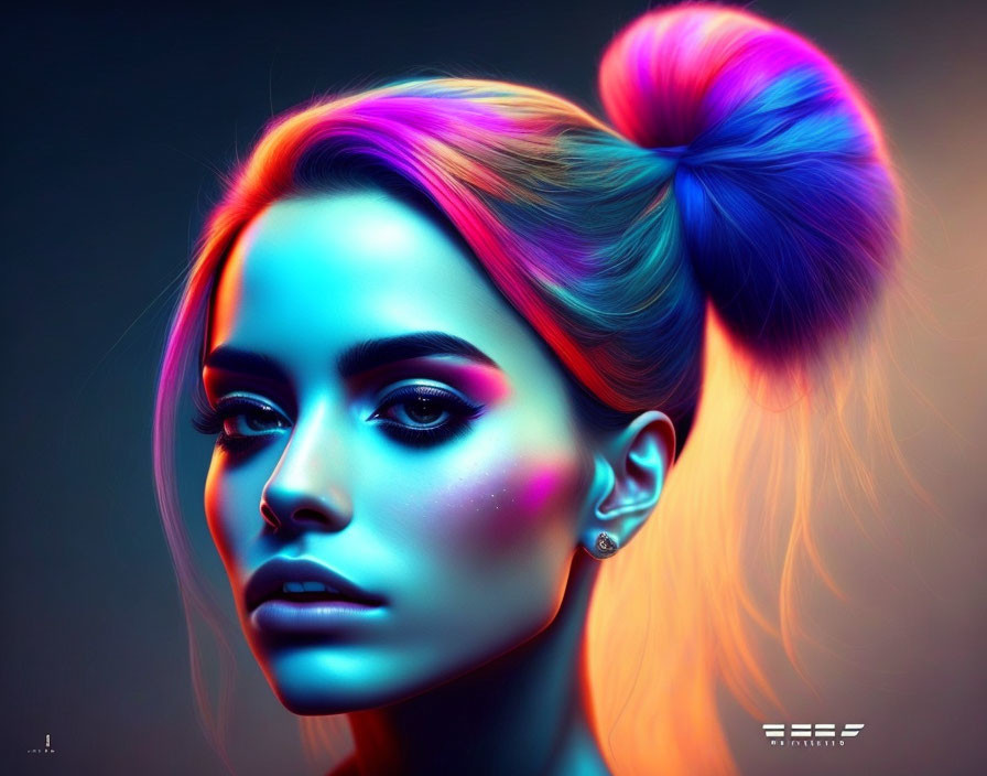 Colorful portrait of woman with high ponytail under neon lights