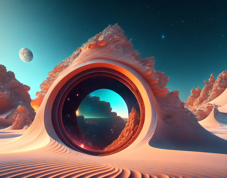 Surreal landscape with circular portal, starry sky, luminous horizon, desert dunes,