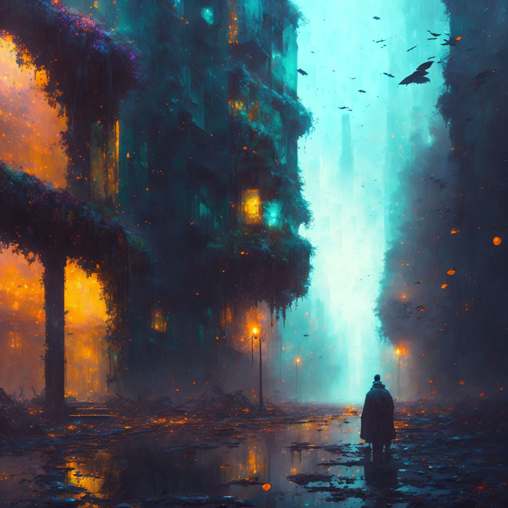 Solitary figure in futuristic city under twilight sky