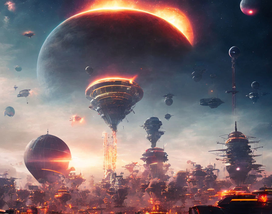 Futuristic cityscape with towering structures and spacecraft against planetary backdrop