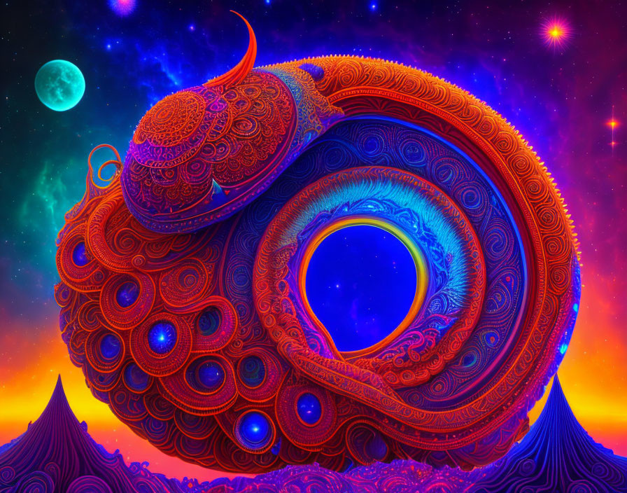 Colorful Psychedelic Digital Artwork with Spiraling Structure & Celestial Bodies