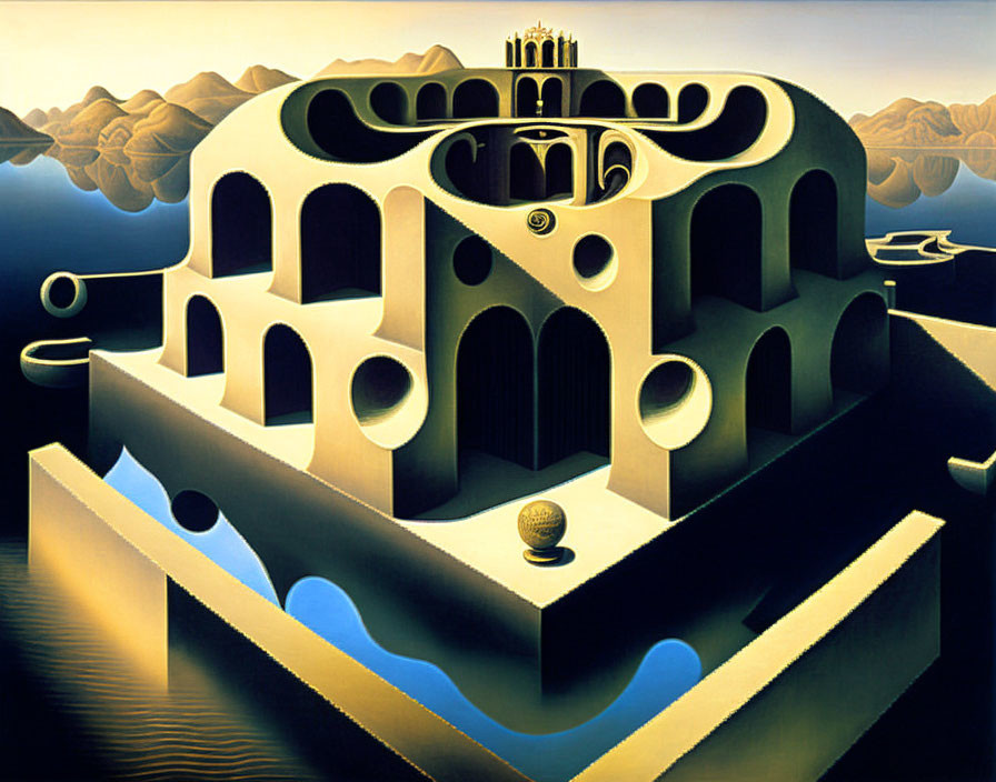 Surrealist painting: Architectural structure, fluid shapes, golden sphere on coastline