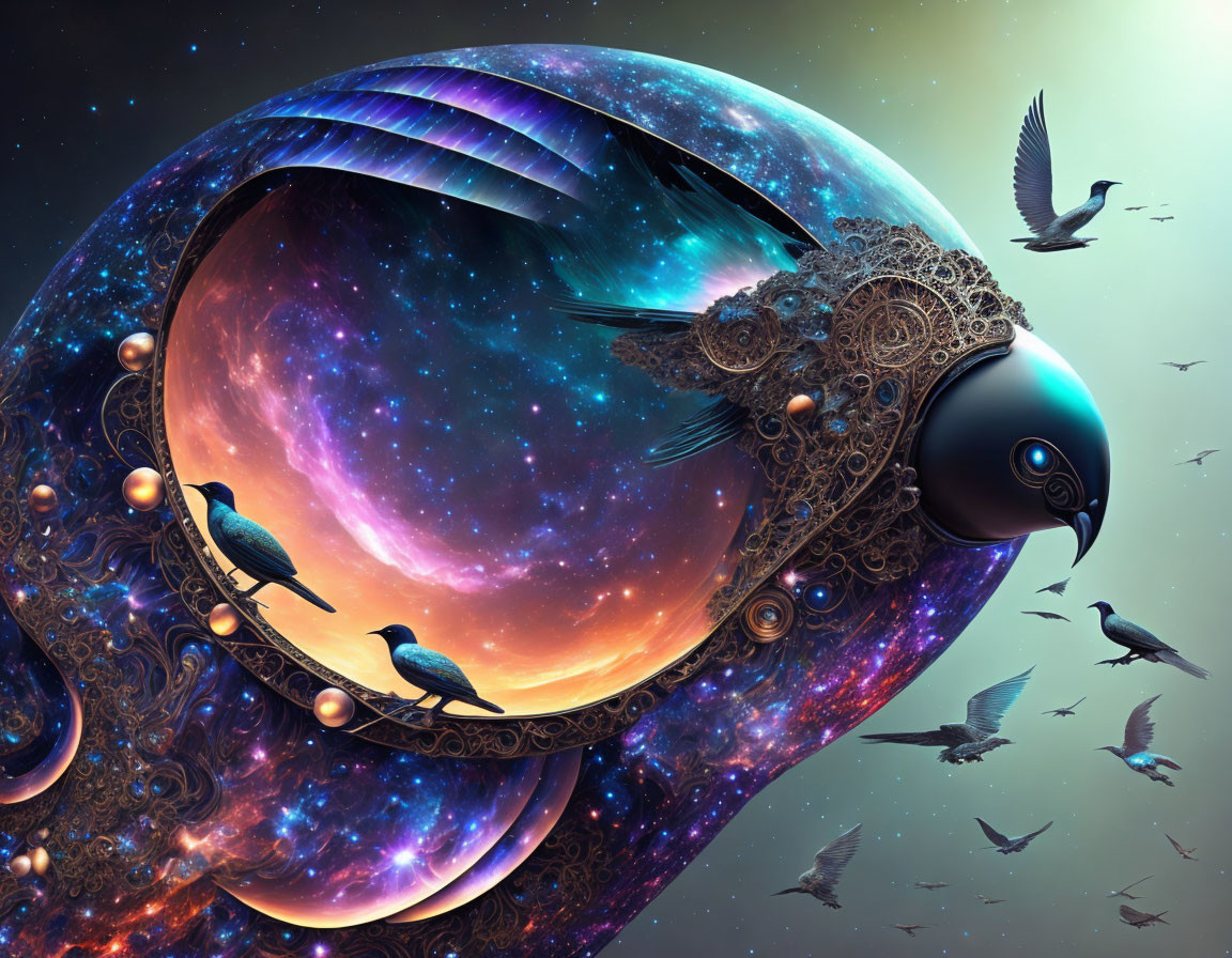 Surreal digital artwork: cosmic bird with celestial eye, mechanical elements, flying birds, starry