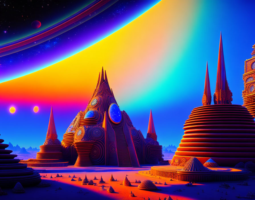 Colorful Alien Landscape with Celestial Bodies and Whimsical Structures