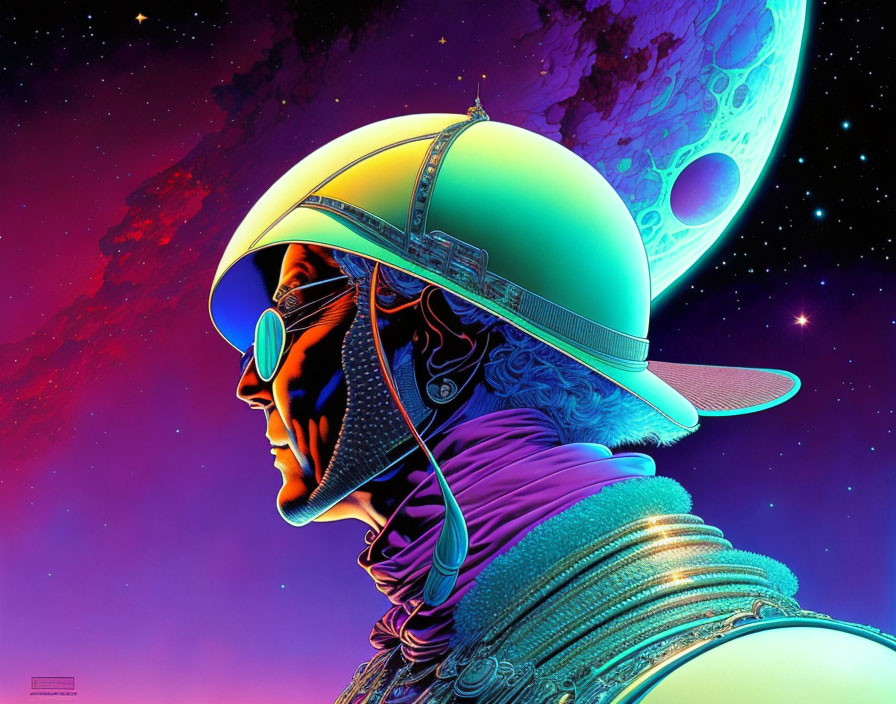 Colorful Profile Artwork: Retro-futuristic Helmet in Space