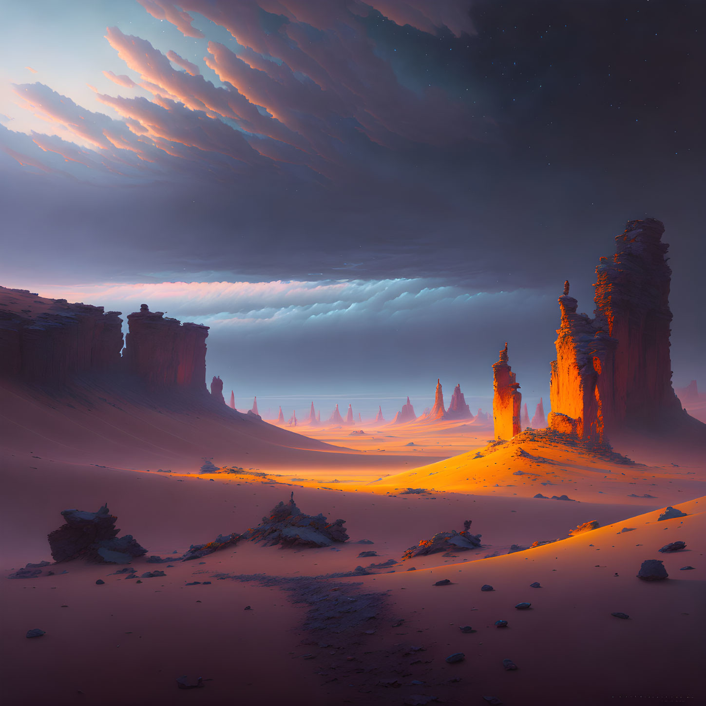 Twilight desert landscape with towering rock formations and warm light