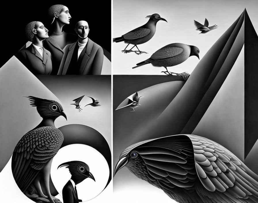 Surreal monochrome artwork featuring human-bird hybrids and geometric shapes