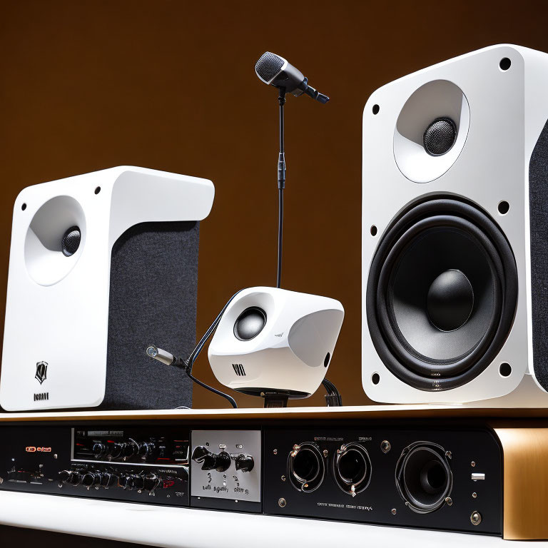 Audio Equipment Setup: Speakers, Amplifier, Microphone on Wooden Surface