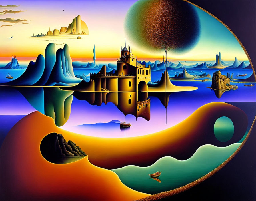 Vivid surreal landscape with castle, flowing shapes, and twilight sky