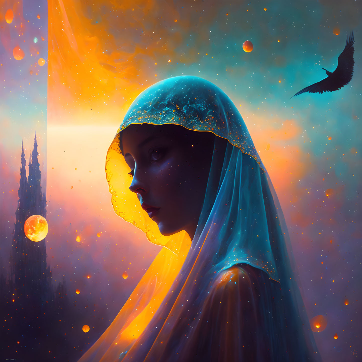 Veiled woman profile with cosmic background, planets, bird silhouette, glowing tower