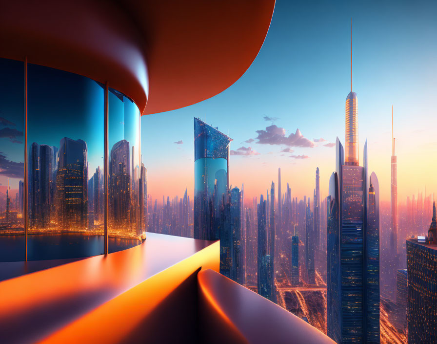 Futuristic cityscape with sleek skyscrapers and orange accents at sunrise