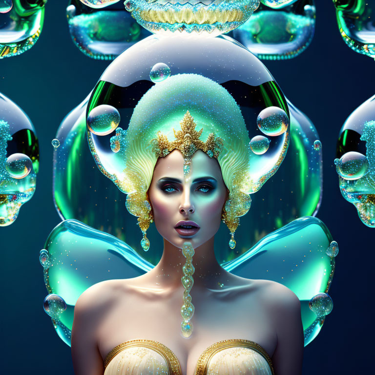 Intricate golden headdress on woman in surreal portrait