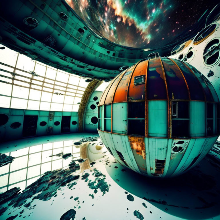 Abandoned futuristic space station interior with derelict spacecraft overlooking starfield