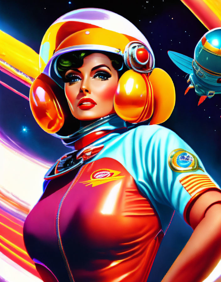 Colorful Retro-Futuristic Woman in Space Suit with Rocket Ship Background