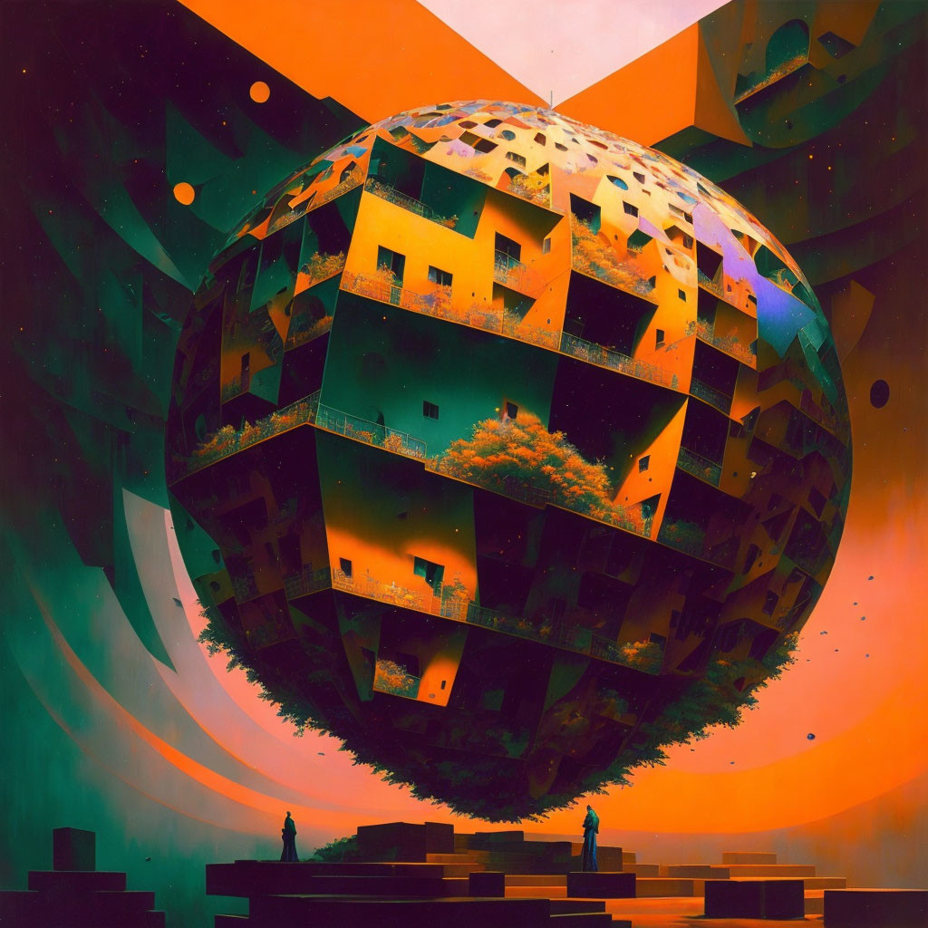 Cityscape-patterned cube under orange sky with silhouettes observing