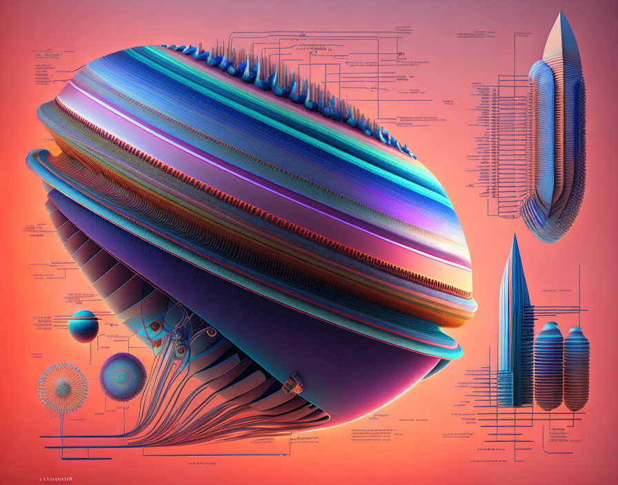 Vibrant digital art: stylized spacecraft and diagrams on warm-toned background