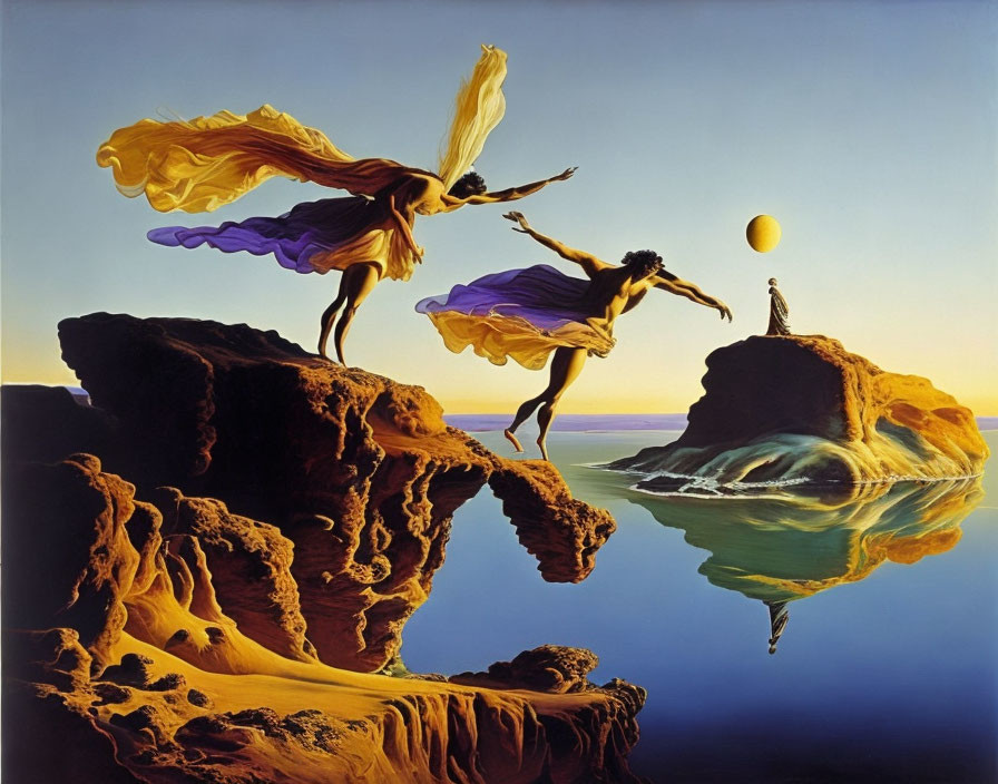 Surreal painting of figures leaping between cliffs above reflective sea