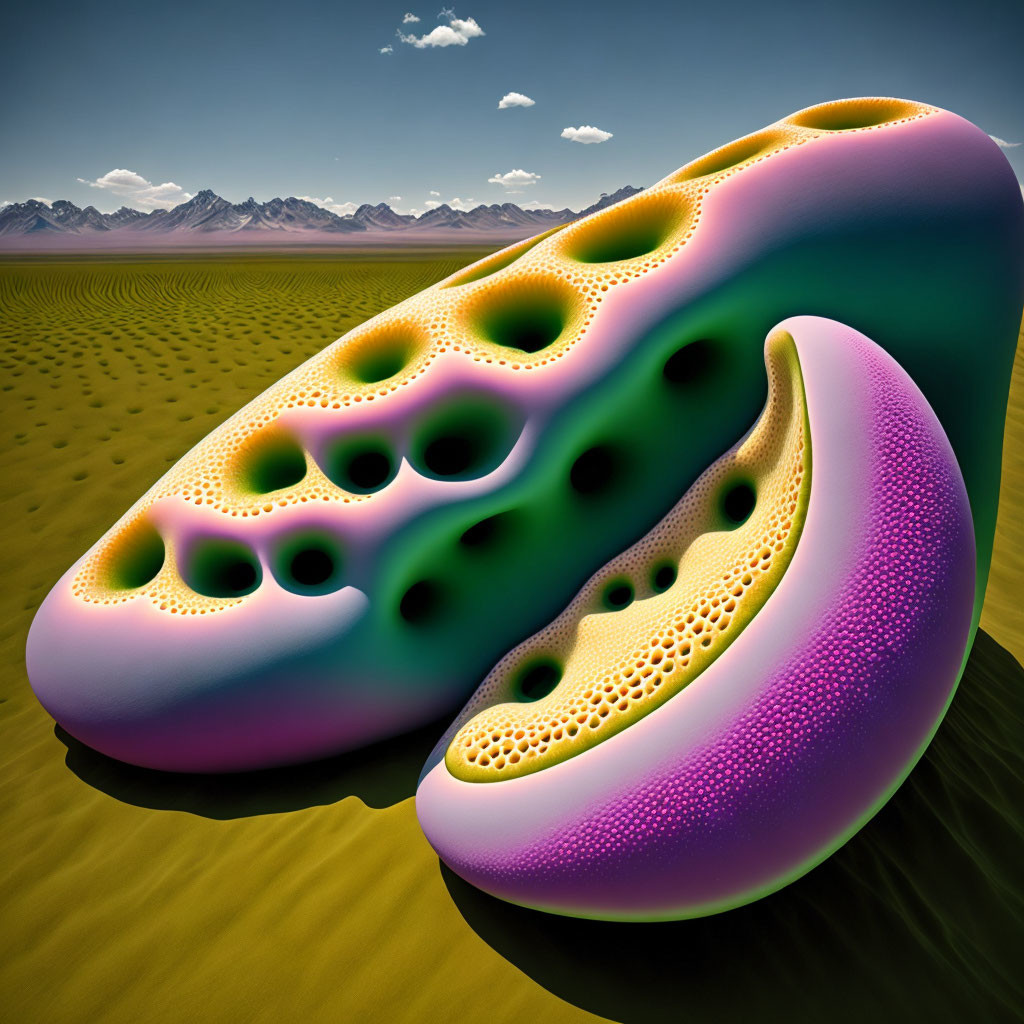 Colorful Porous Abstract Sculpture Resembling Shoe in Desert Landscape