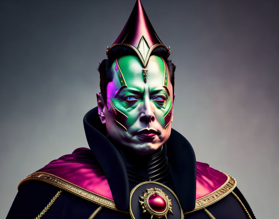 Elaborate face paint and regal costume with gemstone collar portrayal.