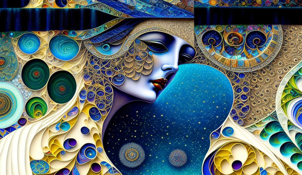 Intricate digital artwork of stylized female figure with peacock feather motifs and cosmic elements