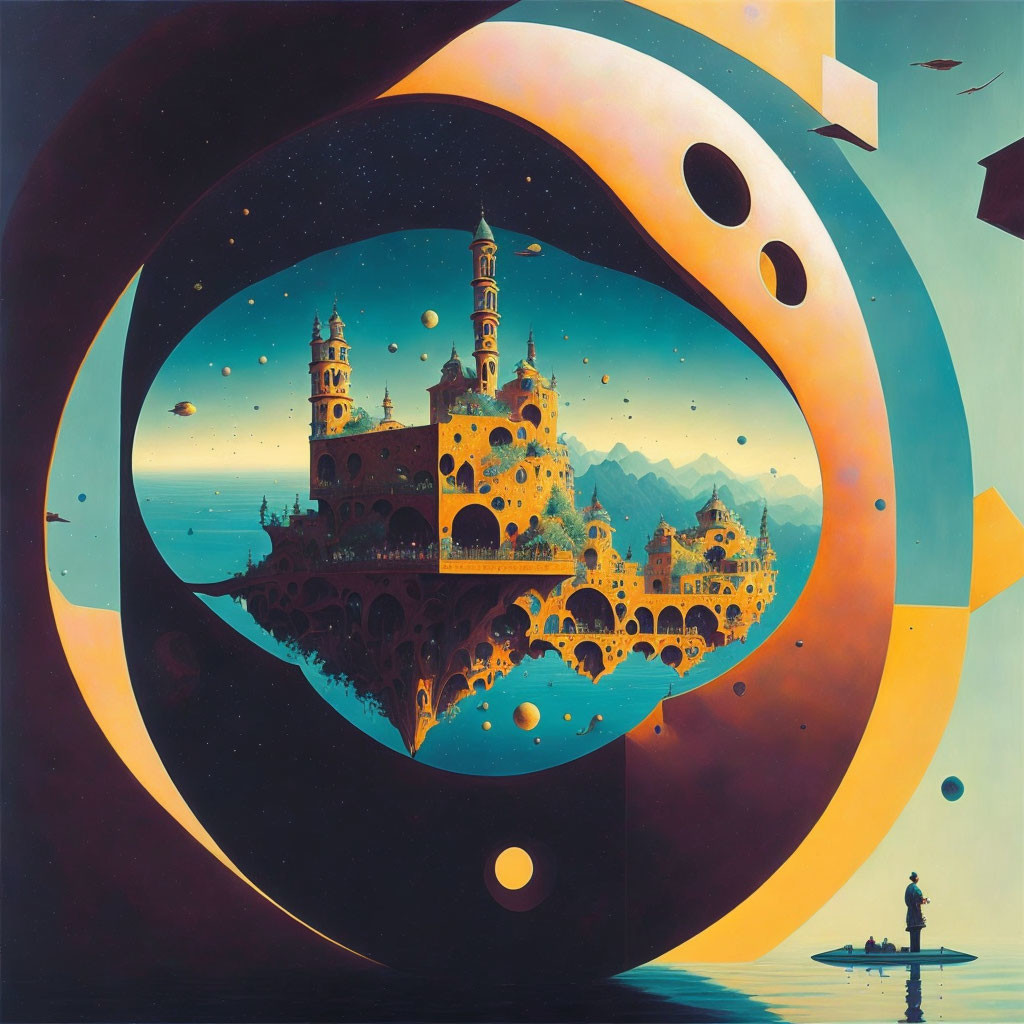 Surreal artwork: Circular cityscape with celestial bodies and lone figure in boat