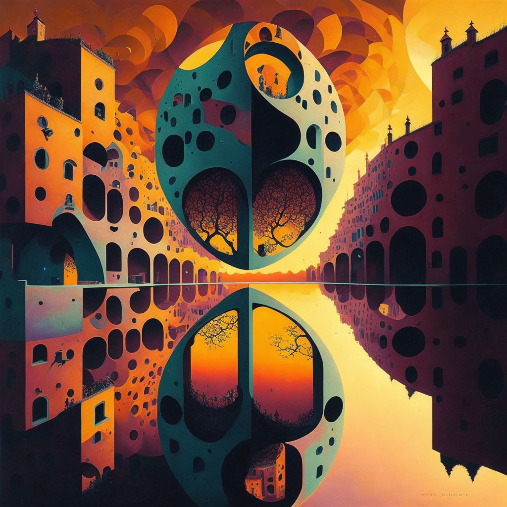 Surrealistic painting of architectural structures and circular forms with sunset colors