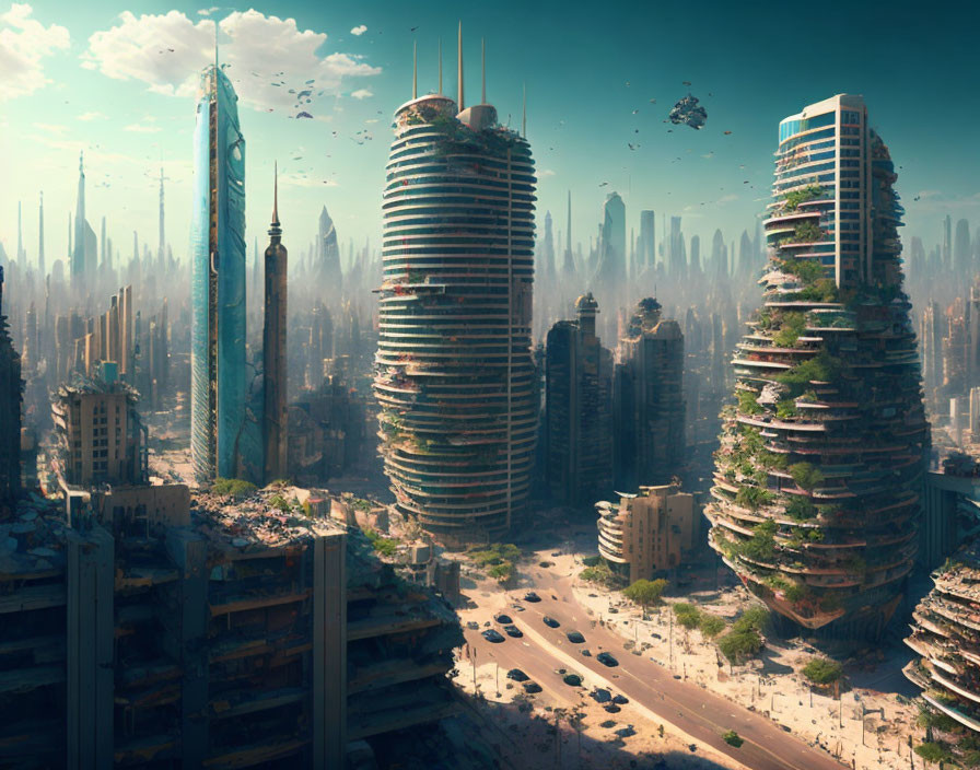 Futuristic cityscape with skyscrapers, green buildings, and flying vehicles