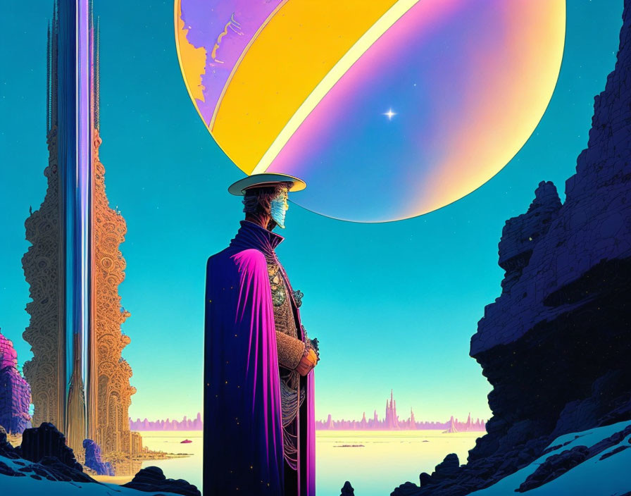 Person in purple cloak gazes at futuristic cityscape under ringed planet