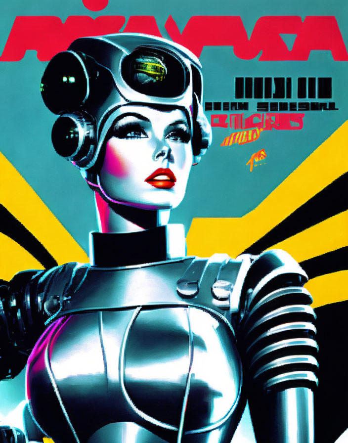 Female robot illustration with sleek metallic body and vibrant colors