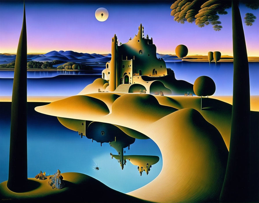 Surreal landscape: castle, reflective water, elongated shadows, peculiar trees, moon