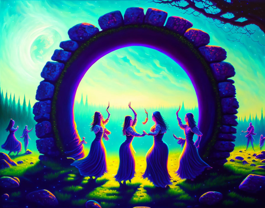 Colorful Illustration of Ethereal Women Dancing in Grassy Clearing