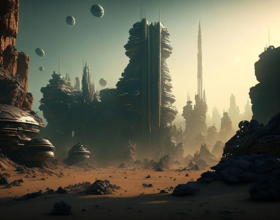 Alien structures and floating spheres in sci-fi desert landscape