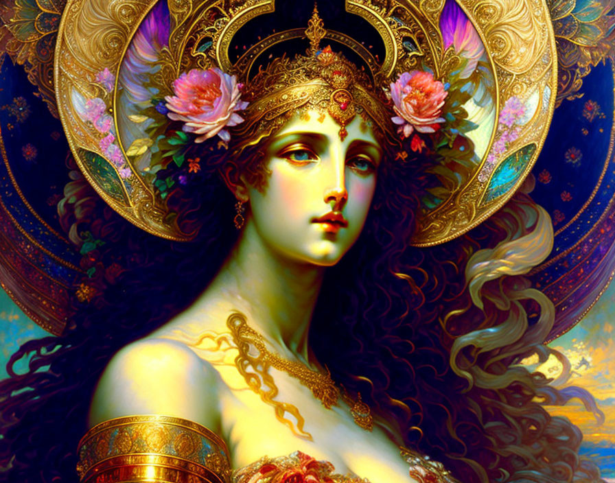 Golden headgear and ornate jewelry on female figure with wavy hair, set against decorative backdrop