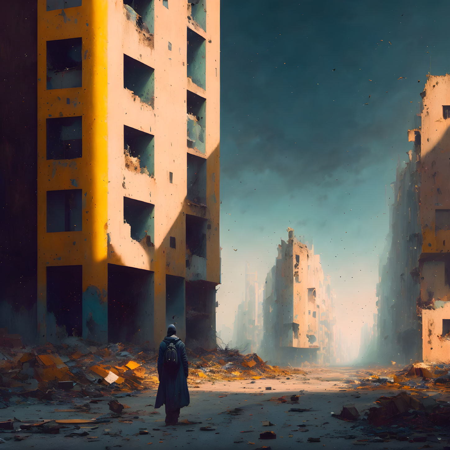 Desolate cityscape with lone figure in ruins