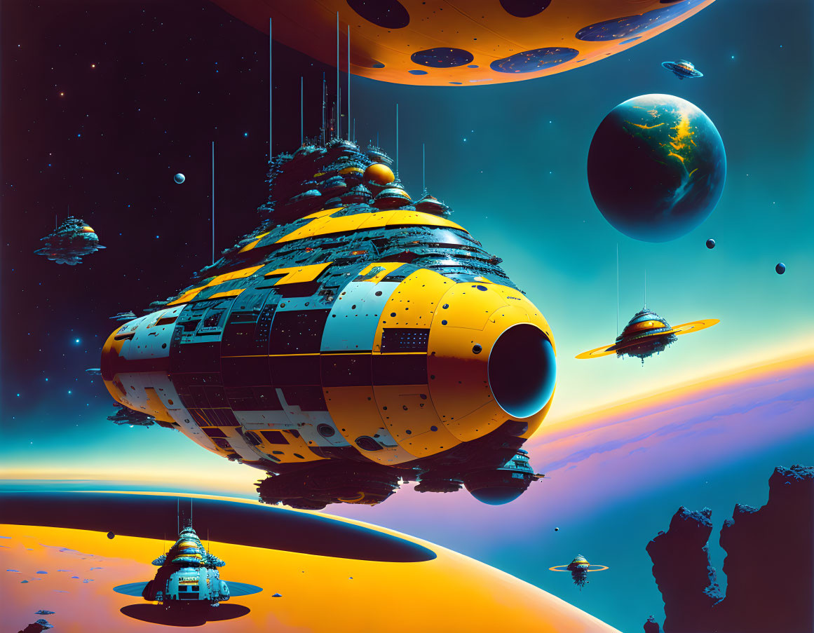 Colorful sci-fi scene: Spaceships near vibrant planet and moons in orange and blue hues