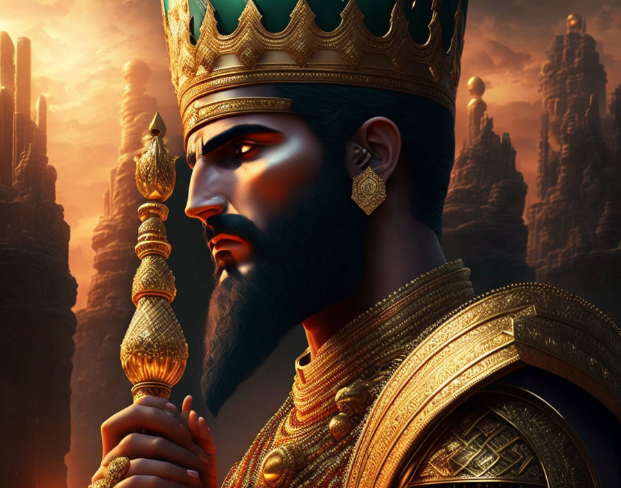 Regal king illustration in gold armor with crown and scepter at sunset