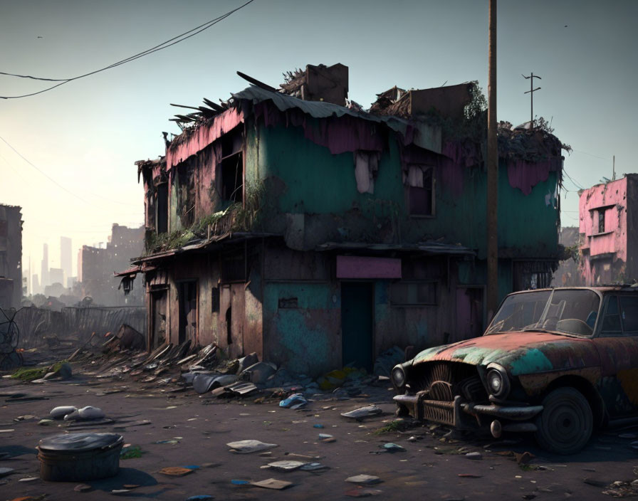 Decrepit urban landscape with graffiti-covered buildings, rusting car, and desolate atmosphere.