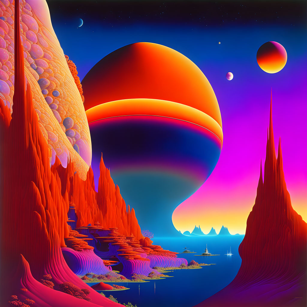 Surreal landscape with red spires, orange planet, blue to pink gradient