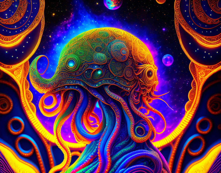 Colorful Octopus Illustration with Cosmic Background and Celestial Motifs