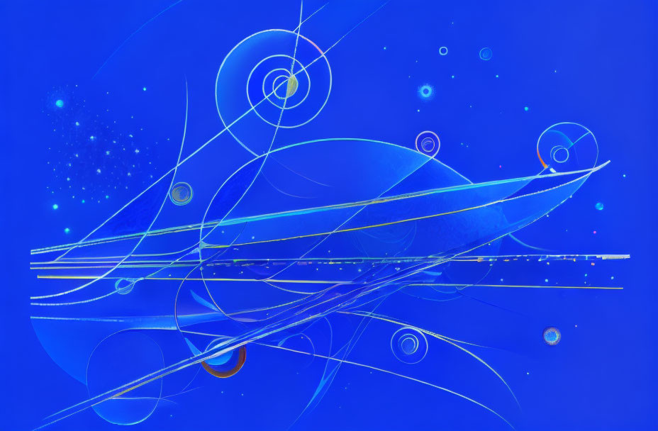 Abstract digital artwork: dynamic white lines, geometric shapes, glowing orbs on vibrant blue background.