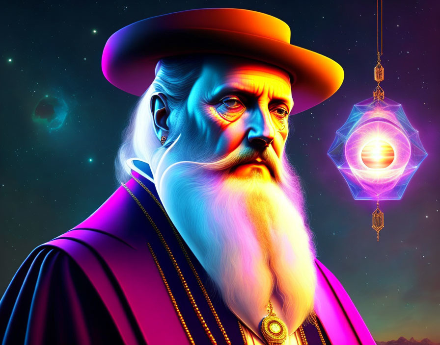 Colorful digital artwork: stylized man with beard and hat in neon colors on cosmic background.