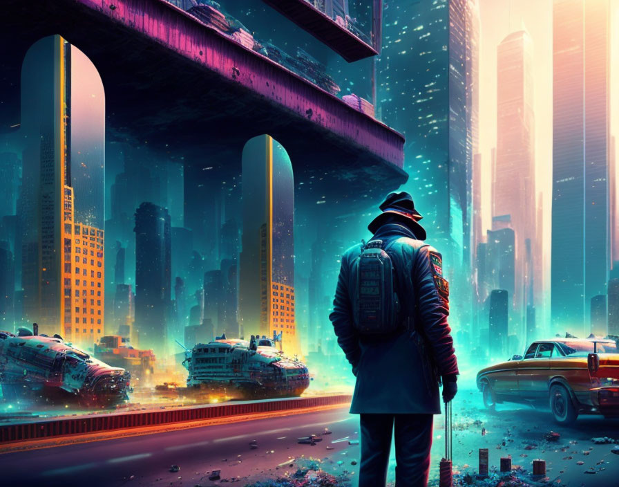 Person in Neon-Lit Futuristic City Ruins with Skyscrapers and Bridge