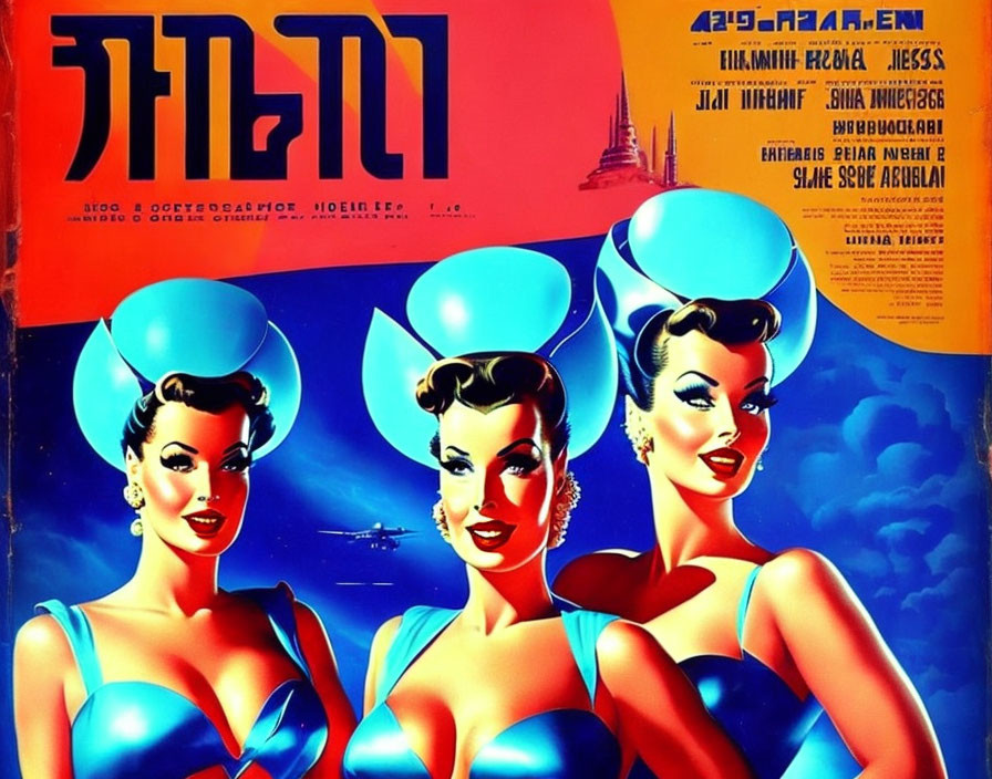 Vintage Poster: Three Women in Blue Dresses with Bubble Helmets