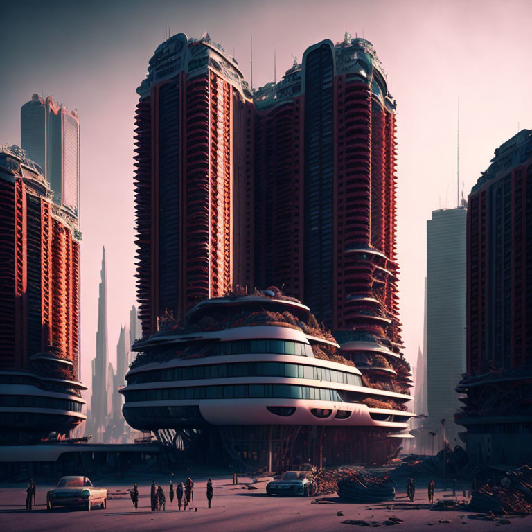 Red Towering Structures in Futuristic Cityscape with Circular Building and People Walking on Wide Road