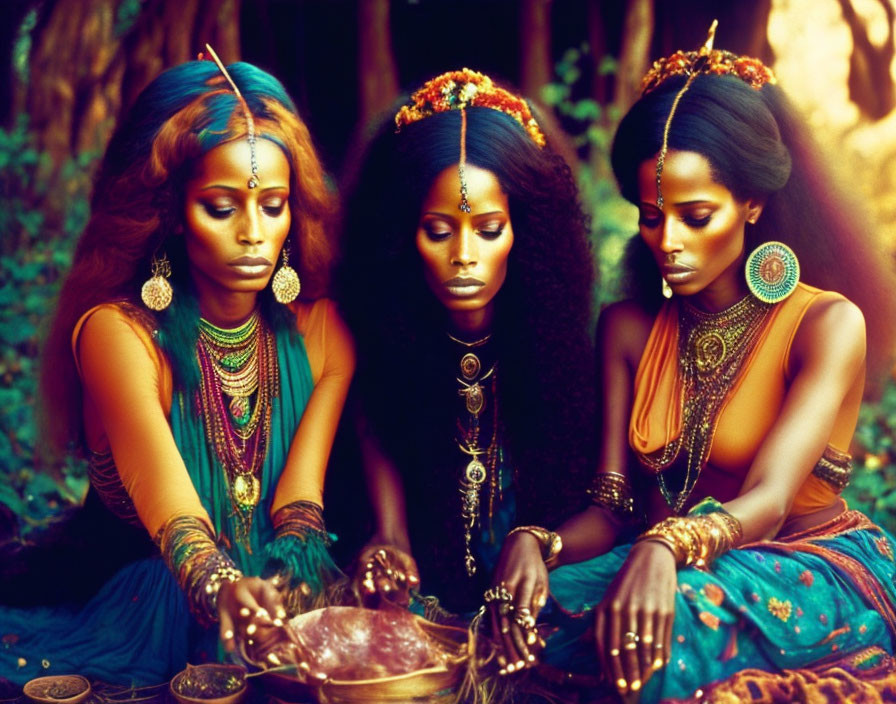 Three Women in Lavish Jewelry and Colorful Garments in Ethereal Forest Setting