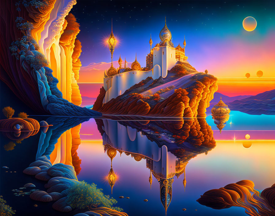 Fantastical landscape with floating castle in twilight sky